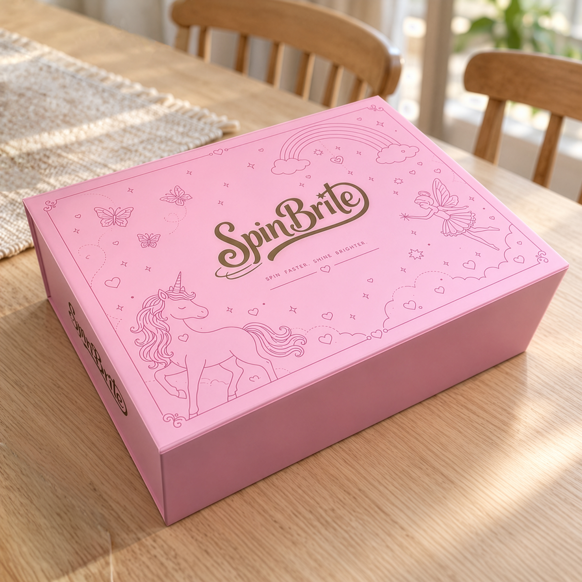 A pink SpinBrite gift box with unicorn, fairy, and rainbow illustrations sits on a wooden dining table in a bright room.