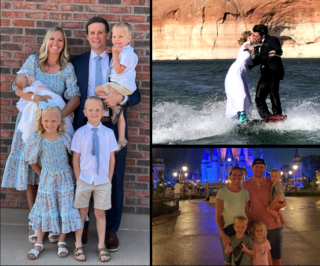 Family collage: family of five by a brick wall; wedding couple on a jet ski; family of four in front of a lit-up castle at night.